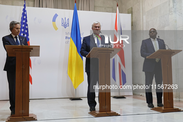 US Secretary of State Antony Blinken, Minister of Foreign Affairs of Ukraine Andrii Sybiha, and UK Foreign Secretary David Lammy (L to R) ho...