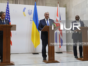 US Secretary of State Antony Blinken, Minister of Foreign Affairs of Ukraine Andrii Sybiha, and UK Foreign Secretary David Lammy (L to R) ho...