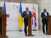 US Secretary of State Antony Blinken, Minister of Foreign Affairs of Ukraine Andrii Sybiha, and UK Foreign Secretary David Lammy (L to R) ho...