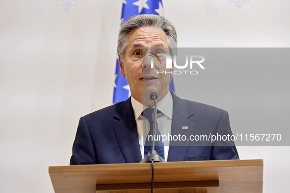 US Secretary of State Antony Blinken attends a joint news conference with Minister of Foreign Affairs of Ukraine Andrii Sybiha and UK Foreig...