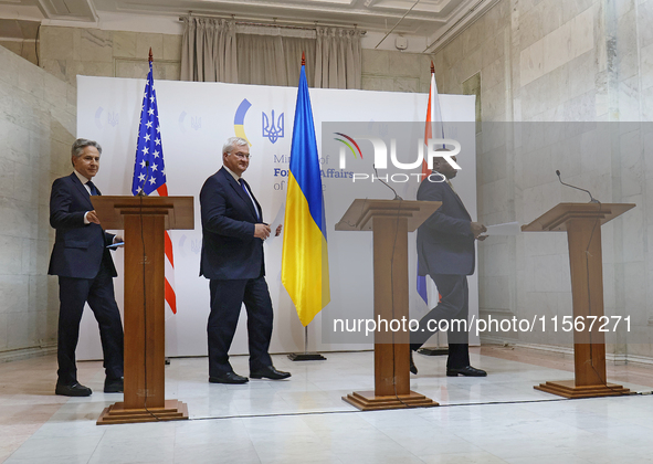 US Secretary of State Antony Blinken, Minister of Foreign Affairs of Ukraine Andrii Sybiha, and UK Foreign Secretary David Lammy (L to R) ho...