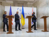 US Secretary of State Antony Blinken, Minister of Foreign Affairs of Ukraine Andrii Sybiha, and UK Foreign Secretary David Lammy (L to R) ho...