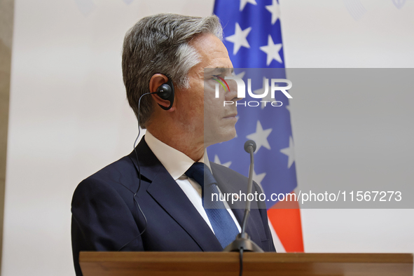 US Secretary of State Antony Blinken attends a joint news conference with Minister of Foreign Affairs of Ukraine Andrii Sybiha and UK Foreig...