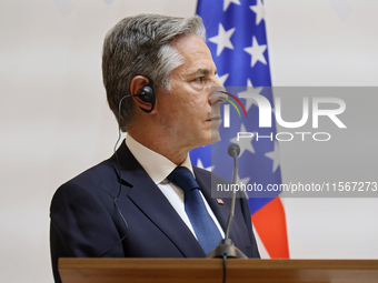 US Secretary of State Antony Blinken attends a joint news conference with Minister of Foreign Affairs of Ukraine Andrii Sybiha and UK Foreig...