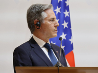 US Secretary of State Antony Blinken attends a joint news conference with Minister of Foreign Affairs of Ukraine Andrii Sybiha and UK Foreig...