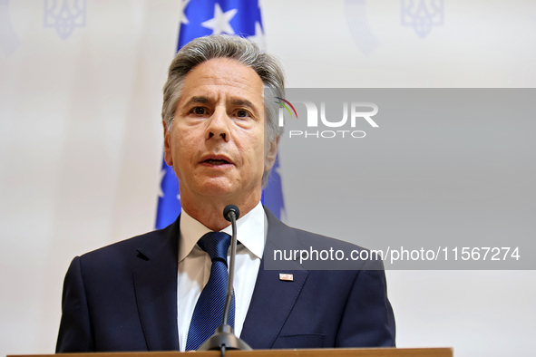 US Secretary of State Antony Blinken attends a joint news conference with Minister of Foreign Affairs of Ukraine Andrii Sybiha and UK Foreig...