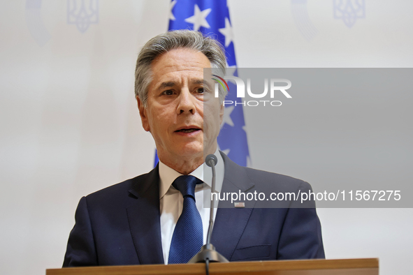 US Secretary of State Antony Blinken attends a joint news conference with Minister of Foreign Affairs of Ukraine Andrii Sybiha and UK Foreig...