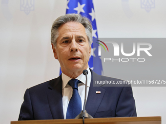 US Secretary of State Antony Blinken attends a joint news conference with Minister of Foreign Affairs of Ukraine Andrii Sybiha and UK Foreig...