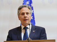 US Secretary of State Antony Blinken attends a joint news conference with Minister of Foreign Affairs of Ukraine Andrii Sybiha and UK Foreig...