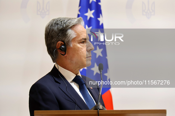 US Secretary of State Antony Blinken attends a joint news conference with Minister of Foreign Affairs of Ukraine Andrii Sybiha and UK Foreig...