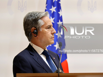 US Secretary of State Antony Blinken attends a joint news conference with Minister of Foreign Affairs of Ukraine Andrii Sybiha and UK Foreig...