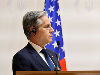 US Secretary of State Antony Blinken attends a joint news conference with Minister of Foreign Affairs of Ukraine Andrii Sybiha and UK Foreig...