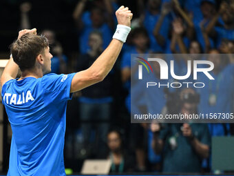 Matteo Arnaldi (ITA) is in action during the 2024 Davis Cup Finals Group Stage Bologna match between Italy and Brazil at Unipol Arena in Bol...