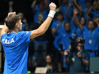 Matteo Arnaldi (ITA) is in action during the 2024 Davis Cup Finals Group Stage Bologna match between Italy and Brazil at Unipol Arena in Bol...