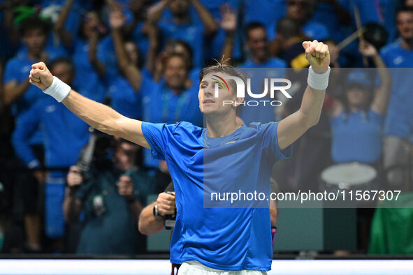 Matteo Arnaldi (ITA) is in action during the 2024 Davis Cup Finals Group Stage Bologna match between Italy and Brazil at Unipol Arena in Bol...