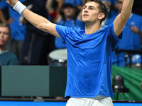 Matteo Arnaldi (ITA) is in action during the 2024 Davis Cup Finals Group Stage Bologna match between Italy and Brazil at Unipol Arena in Bol...