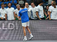 Matteo Arnaldi (ITA) is in action during the 2024 Davis Cup Finals Group Stage Bologna match between Italy and Brazil at Unipol Arena in Bol...