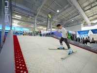 Visitors experience ski training equipment at the Sports Services exhibition area at the China Beijing International Fair for Trade in Servi...