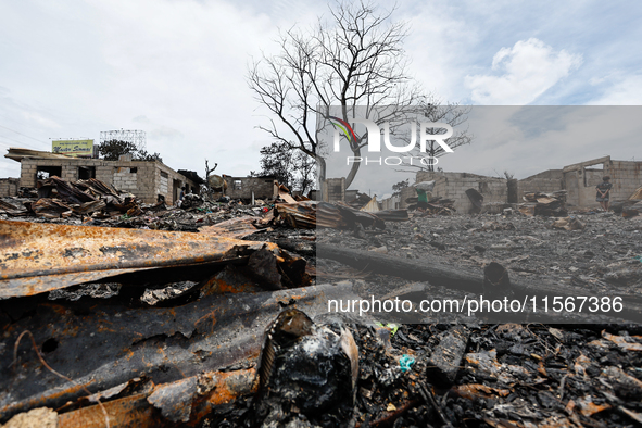 A burnt withered tree stands near the rubble of damaged houses following a huge fire that engulfs at least 800 houses in Bacoor, Cavite, the...