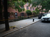 Crime scene tape is at the scene. A man is shot in the back multiple times in Manhattan, New York, United States, on September 12, 2024. At...