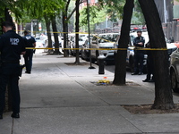 Police canvass the crime scene for evidence. A man is shot in the back multiple times in Manhattan, New York, United States, on September 12...