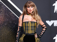 Taylor Swift wearing Dior arrives at the 2024 MTV Video Music Awards held at UBS Arena on September 11, 2024 in Elmont, New York, United Sta...