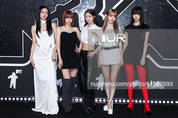 Huh Yun-jin, Kim Chae-won, Kazuha, Sakura Miyawaki and Hwang Jung-eum of Le Sserafim arrive at the 2024 MTV Video Music Awards held at UBS A...