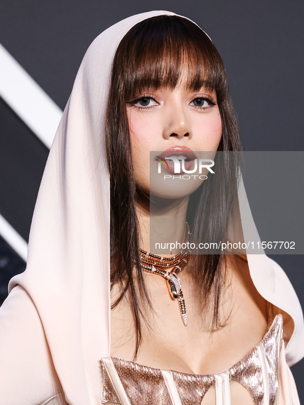 Lisa, Lalisa Manobal, Blackpink wearing Mugler arrives at the 2024 MTV Video Music Awards held at UBS Arena on September 11, 2024 in Elmont,...