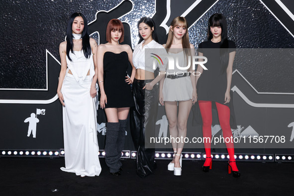 Huh Yun-jin, Kim Chae-won, Kazuha, Sakura Miyawaki and Hwang Jung-eum of Le Sserafim arrive at the 2024 MTV Video Music Awards held at UBS A...