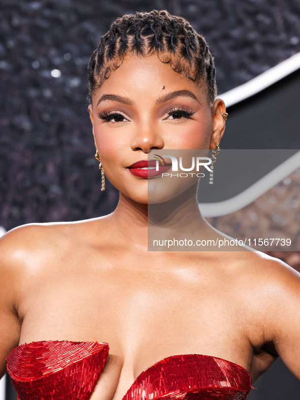 Halle Bailey arrives at the 2024 MTV Video Music Awards held at UBS Arena on September 11, 2024 in Elmont, New York, United States. 