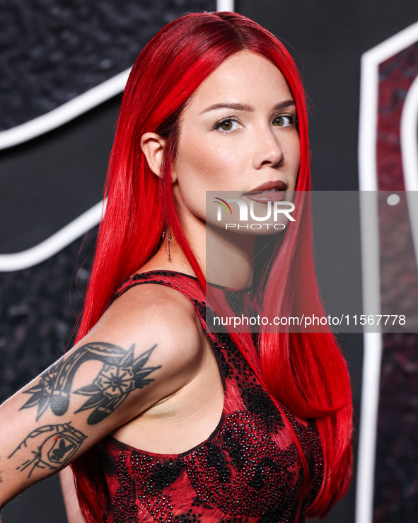 Halsey wearing vintage Versace arrives at the 2024 MTV Video Music Awards held at UBS Arena on September 11, 2024 in Elmont, New York, Unite...