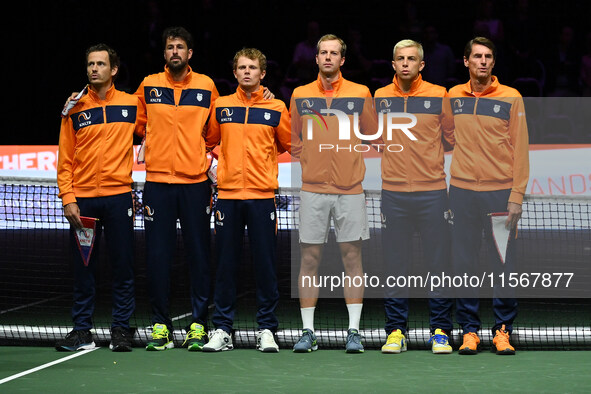 Team Netherlands during the 2024 Davis Cup Finals Group Stage match between the Netherlands and Brazil at Unipol Arena in Bologna, Italy, on...