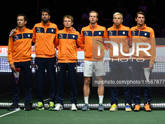 Team Netherlands during the 2024 Davis Cup Finals Group Stage match between the Netherlands and Brazil at Unipol Arena in Bologna, Italy, on...