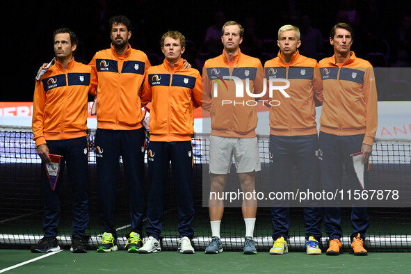 Team Netherlands during the 2024 Davis Cup Finals Group Stage match between the Netherlands and Brazil at Unipol Arena in Bologna, Italy, on...