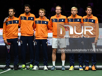 Team Netherlands during the 2024 Davis Cup Finals Group Stage match between the Netherlands and Brazil at Unipol Arena in Bologna, Italy, on...