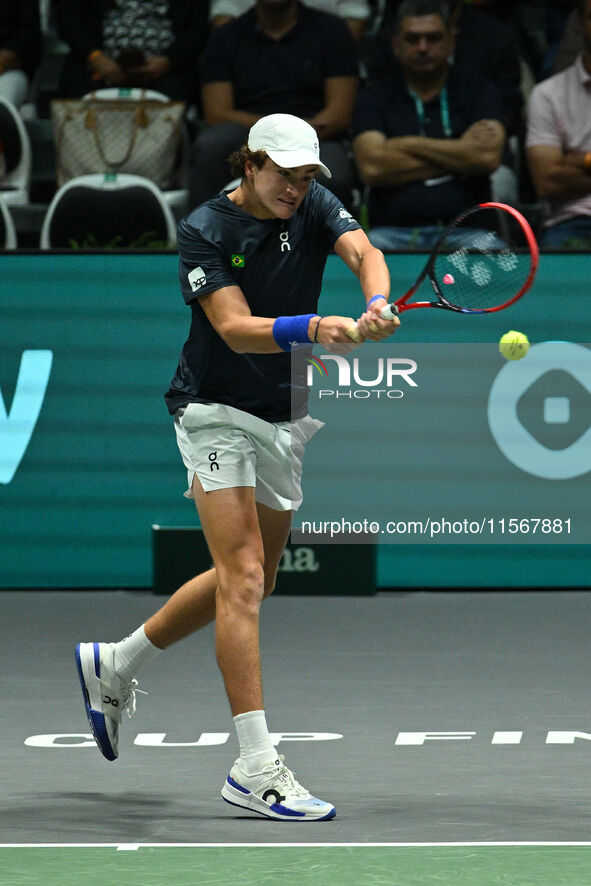 Joao Fonseca (BRA) competes during the 2024 Davis Cup Finals Group Stage Bologna match between the Netherlands and Brazil at Unipol Arena in...