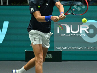 Joao Fonseca (BRA) competes during the 2024 Davis Cup Finals Group Stage Bologna match between the Netherlands and Brazil at Unipol Arena in...