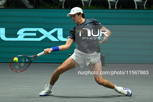 Joao Fonseca (BRA) competes during the 2024 Davis Cup Finals Group Stage Bologna match between the Netherlands and Brazil at Unipol Arena in...