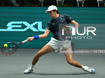 Joao Fonseca (BRA) competes during the 2024 Davis Cup Finals Group Stage Bologna match between the Netherlands and Brazil at Unipol Arena in...