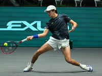 Joao Fonseca (BRA) competes during the 2024 Davis Cup Finals Group Stage Bologna match between the Netherlands and Brazil at Unipol Arena in...