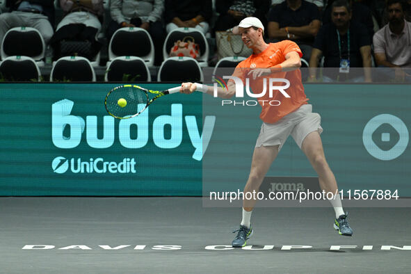 Botic van de Zandschulp (NED) is in action during the 2024 Davis Cup Finals Group Stage Bologna match between the Netherlands and Brazil at...