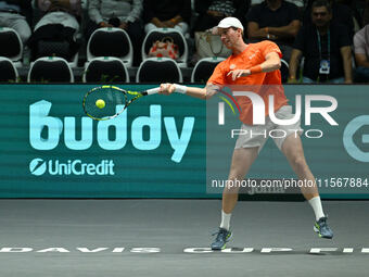 Botic van de Zandschulp (NED) is in action during the 2024 Davis Cup Finals Group Stage Bologna match between the Netherlands and Brazil at...