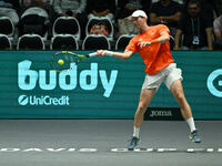 Botic van de Zandschulp (NED) is in action during the 2024 Davis Cup Finals Group Stage Bologna match between the Netherlands and Brazil at...