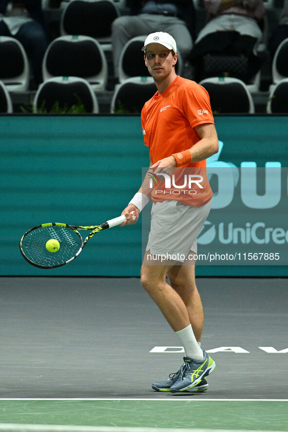 Botic van de Zandschulp (NED) is in action during the 2024 Davis Cup Finals Group Stage Bologna match between the Netherlands and Brazil at...