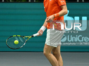 Botic van de Zandschulp (NED) is in action during the 2024 Davis Cup Finals Group Stage Bologna match between the Netherlands and Brazil at...