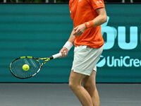 Botic van de Zandschulp (NED) is in action during the 2024 Davis Cup Finals Group Stage Bologna match between the Netherlands and Brazil at...