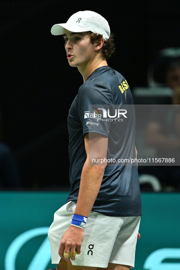 Joao Fonseca (BRA) competes during the 2024 Davis Cup Finals Group Stage Bologna match between the Netherlands and Brazil at Unipol Arena in...