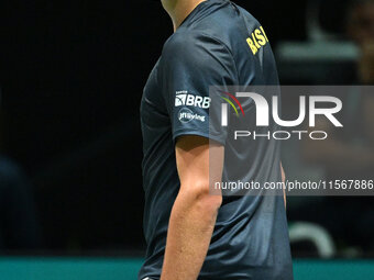 Joao Fonseca (BRA) competes during the 2024 Davis Cup Finals Group Stage Bologna match between the Netherlands and Brazil at Unipol Arena in...