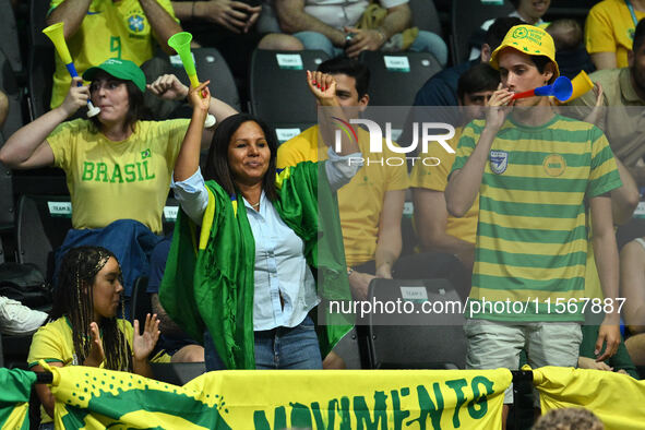 Fans in Brazil during the 2024 Davis Cup Finals Group Stage match between the Netherlands and Brazil at Unipol Arena in Bologna, Italy, on S...