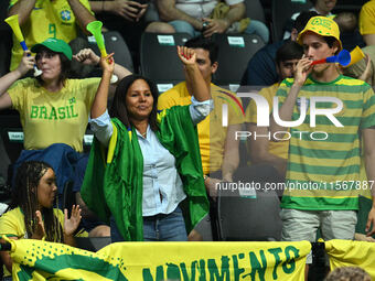 Fans in Brazil during the 2024 Davis Cup Finals Group Stage match between the Netherlands and Brazil at Unipol Arena in Bologna, Italy, on S...